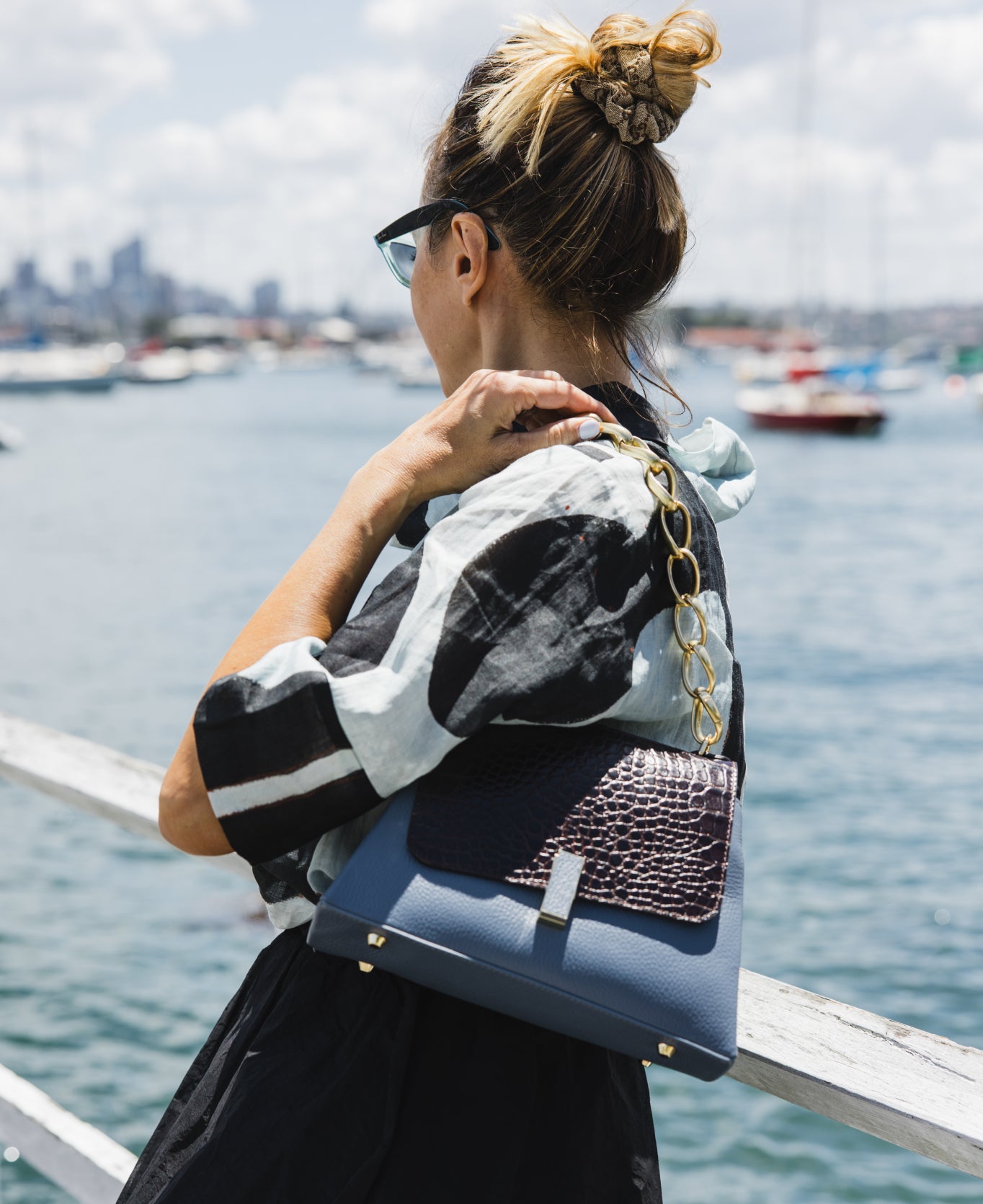 Lisa top handle leather bag Dust Blue and Dark Brown