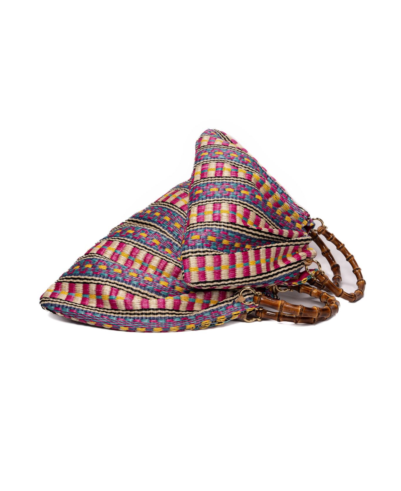 Caterina Raffia Bamboo Bag Aztec pattern Hot Pink