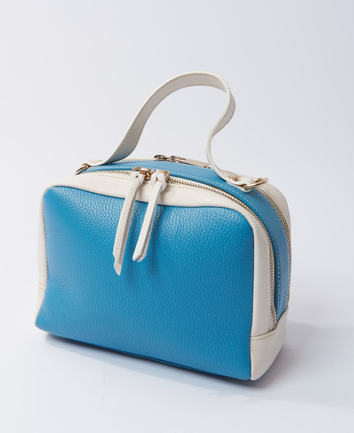 Camera leather bag bi-colour aqua and white
