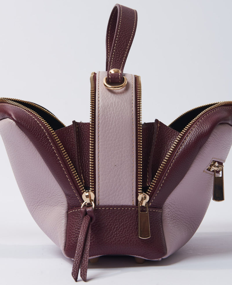 Camera leather bag bi-colour lilac and wine
