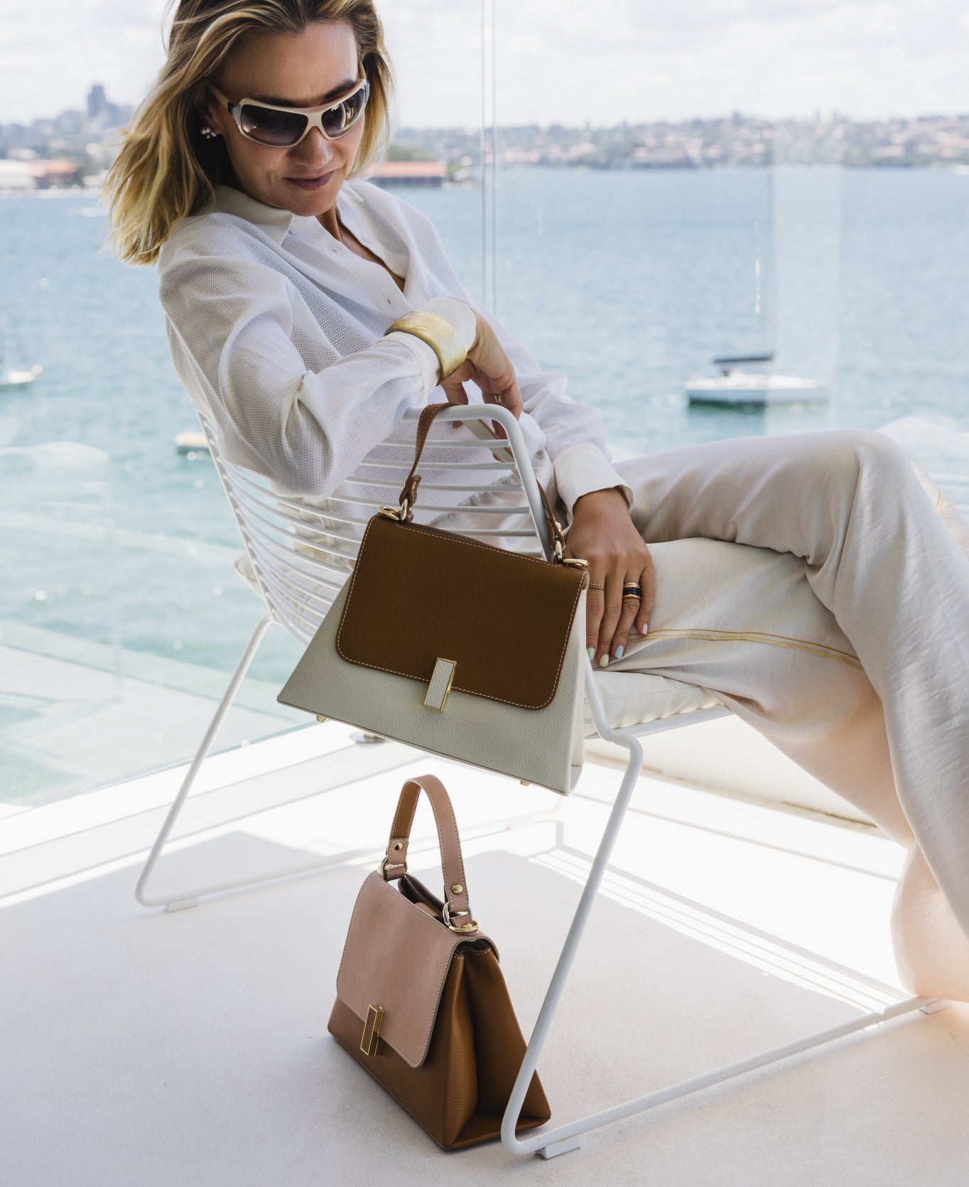 Lisa top handle leather bag Tan and Blush