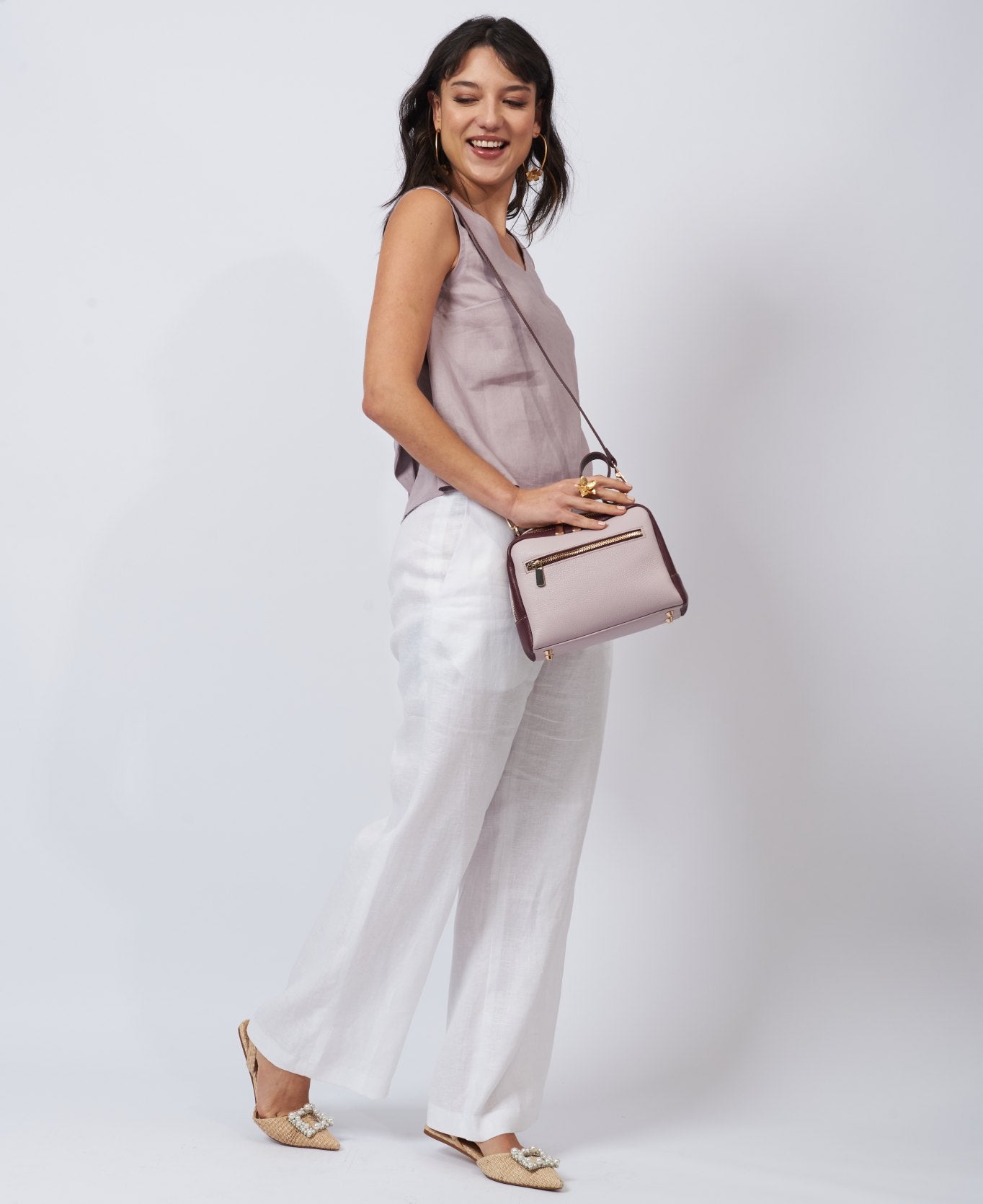 Camera leather bag bi-colour lilac and wine