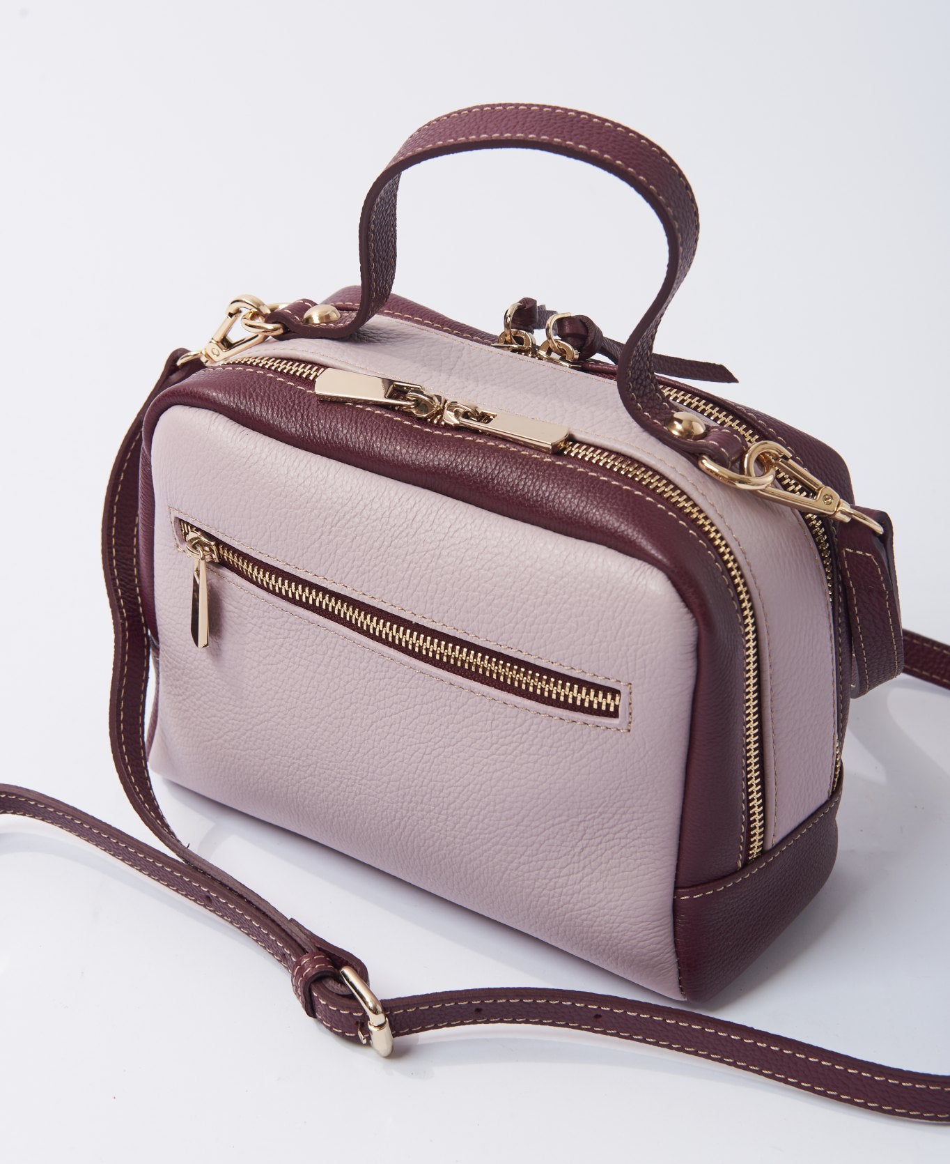 Camera leather bag bi-colour lilac and wine