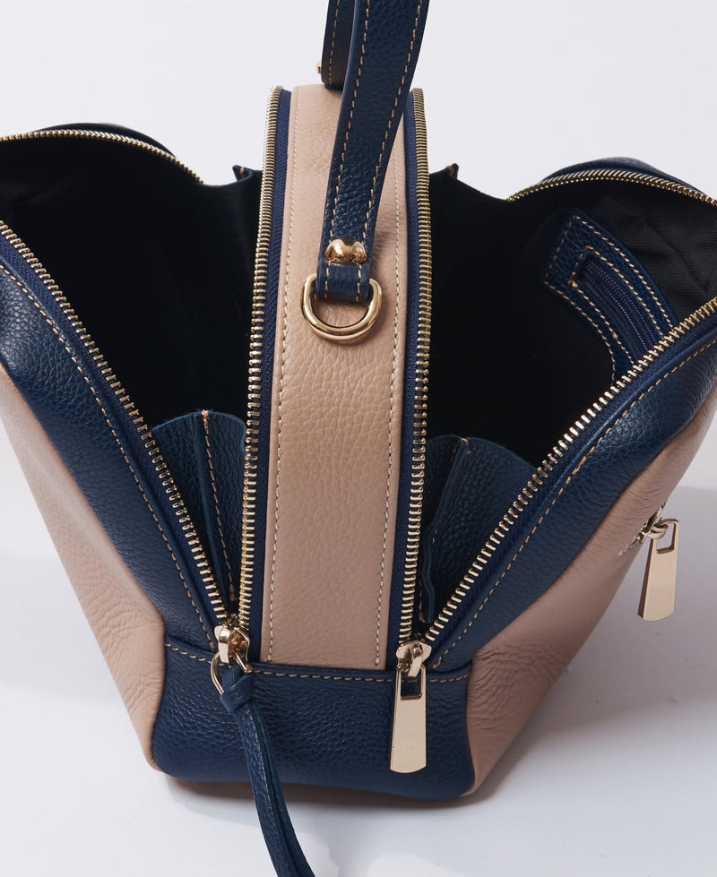 Camera leather bag bi-colour nude and blue