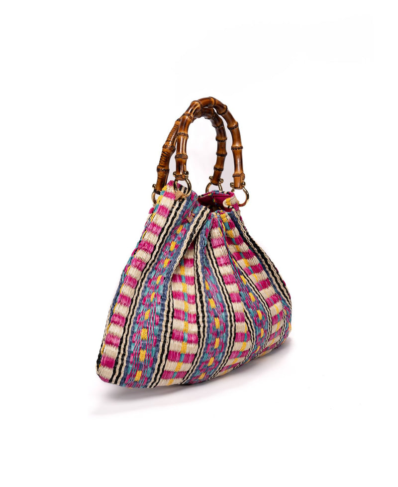 Caterina Raffia Bamboo Bag Aztec pattern Hot Pink