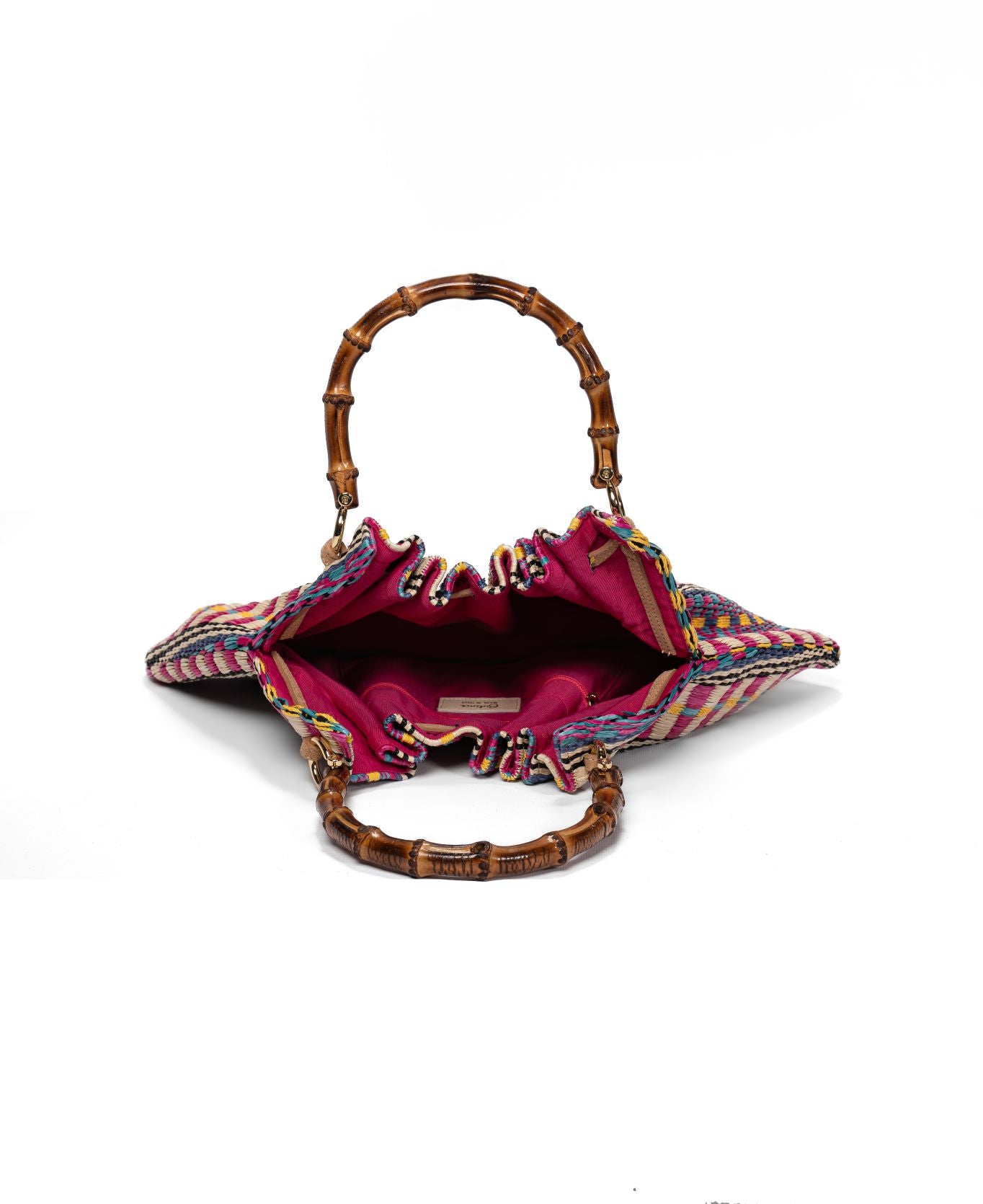 Caterina Raffia Bag Bamboo Handles Aztec Print hot pink - Large