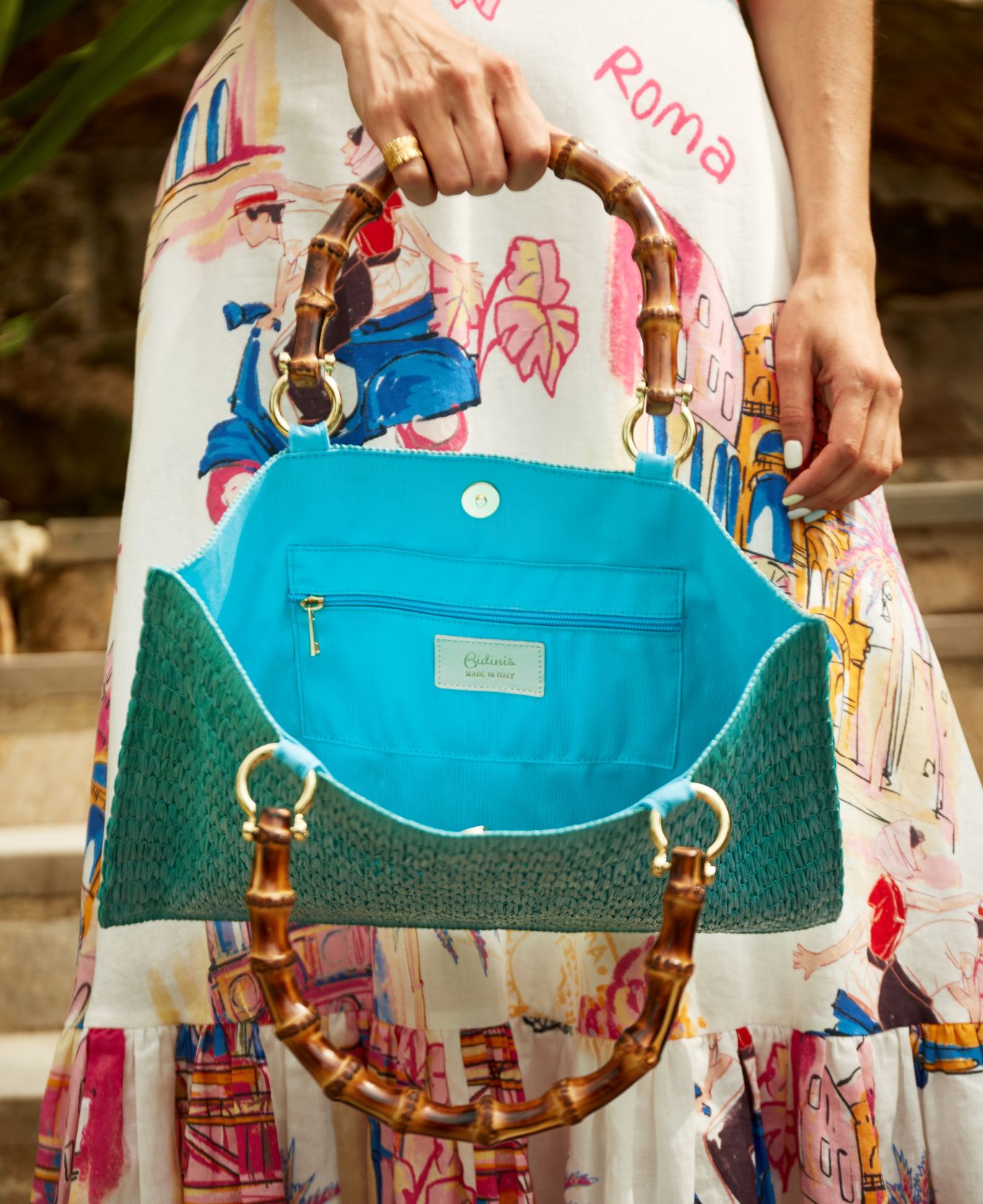 Piccarda Raffia Tote Bamboo bag Turquoise