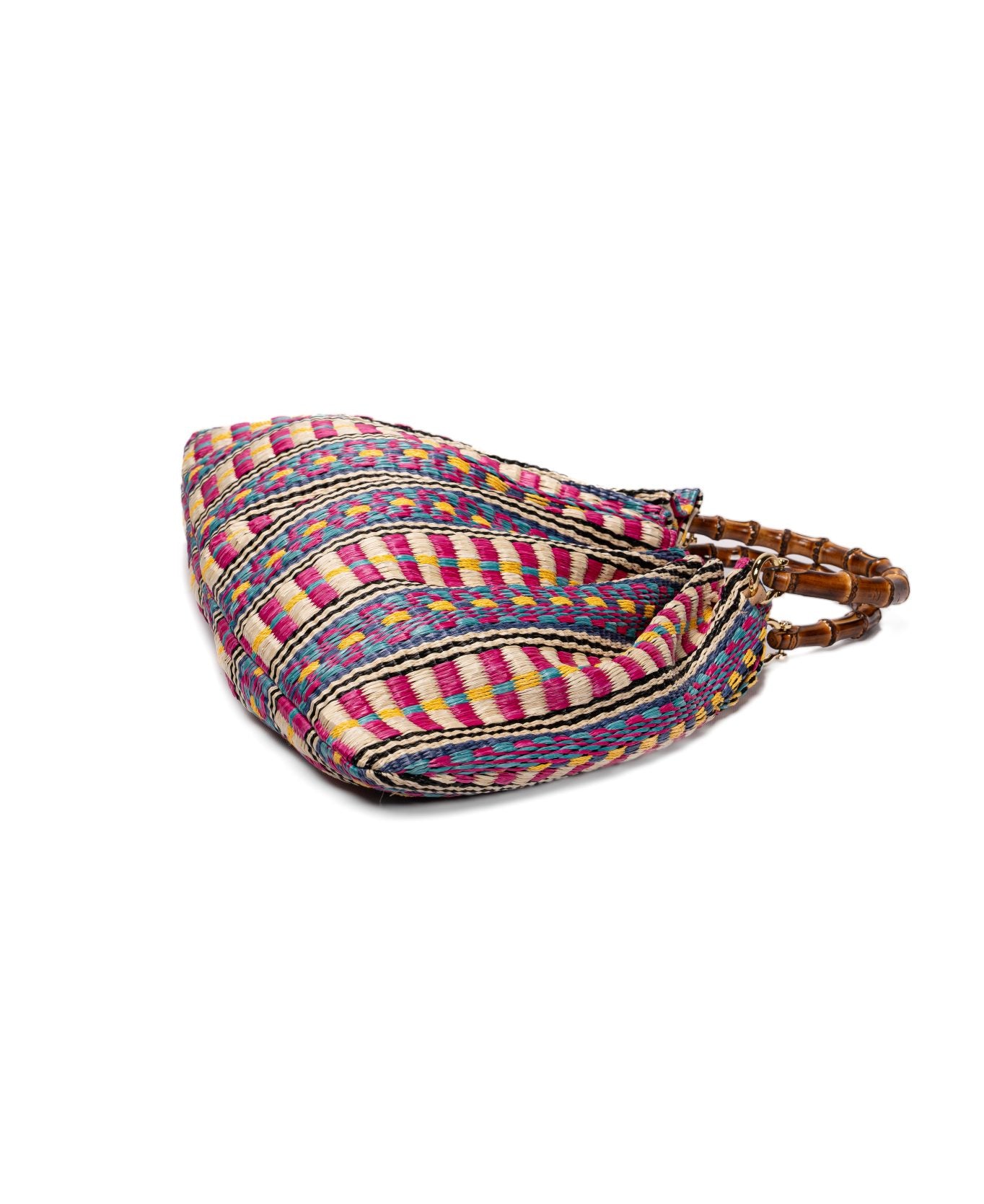 Caterina Raffia Bag Bamboo Handles Aztec Print hot pink - Large