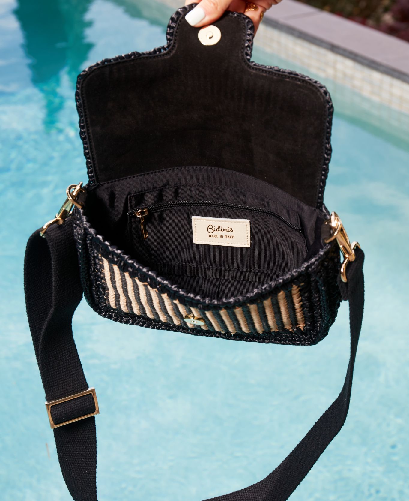 Borsa Ginevra in Rafia Righe in Nero e Naturale