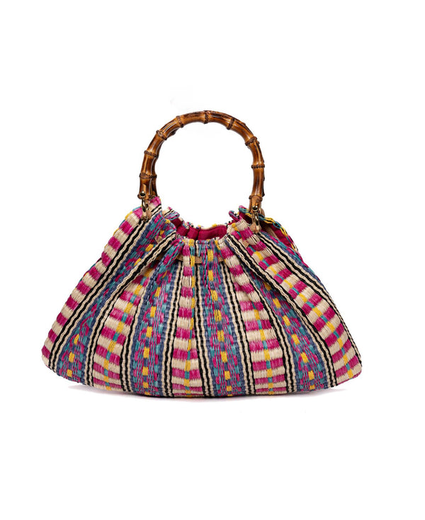 Pink Tote with Beaded Stripe & Bamboo Handle
