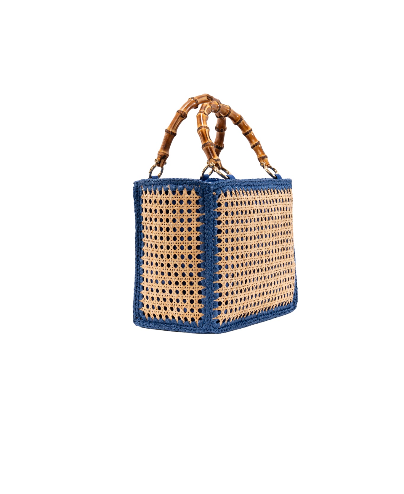 Tote Rattan with Bamboo Handles - Cobalt blue trim