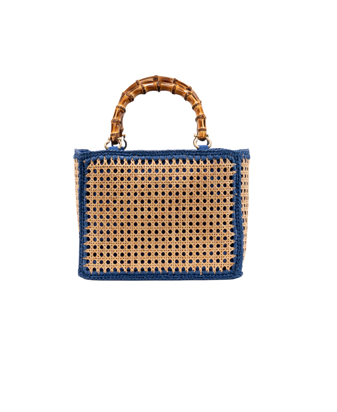 Tote Rattan with Bamboo Handles - Cobalt blue trim