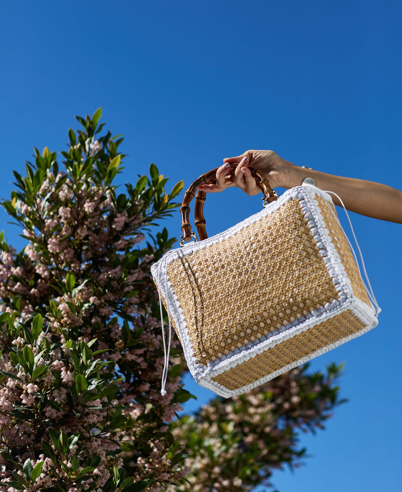 Tote Rattan with Bamboo Handles - white trim