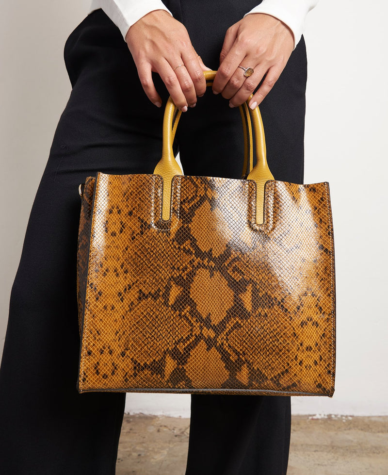 Florence Tote leather bag snake effect mustard yellow