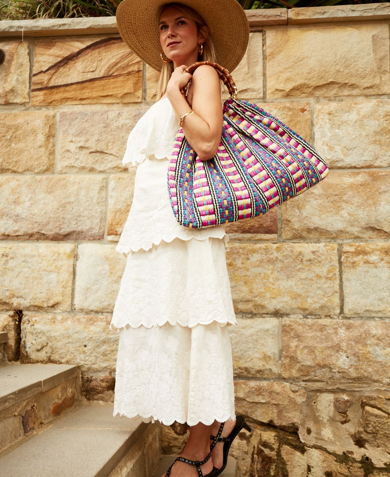 Caterina Raffia Bag Bamboo Handles Aztec Print hot pink - Large