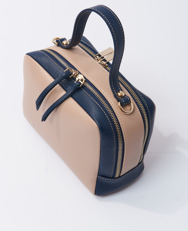Camera leather bag bi-colour nude and blue