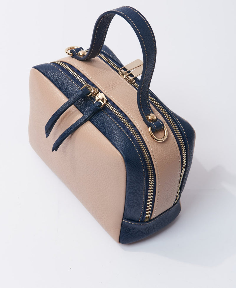 Camera leather bag bi-colour nude and blue