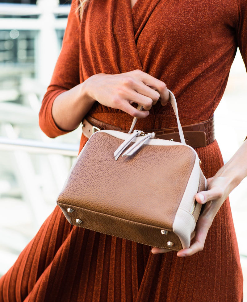 Camera leather bag bi-colour tan & nude
