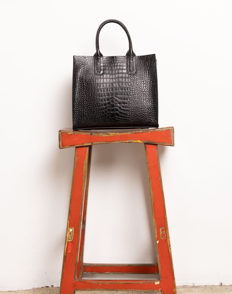 Florence Tote leather bag croco-embossed black