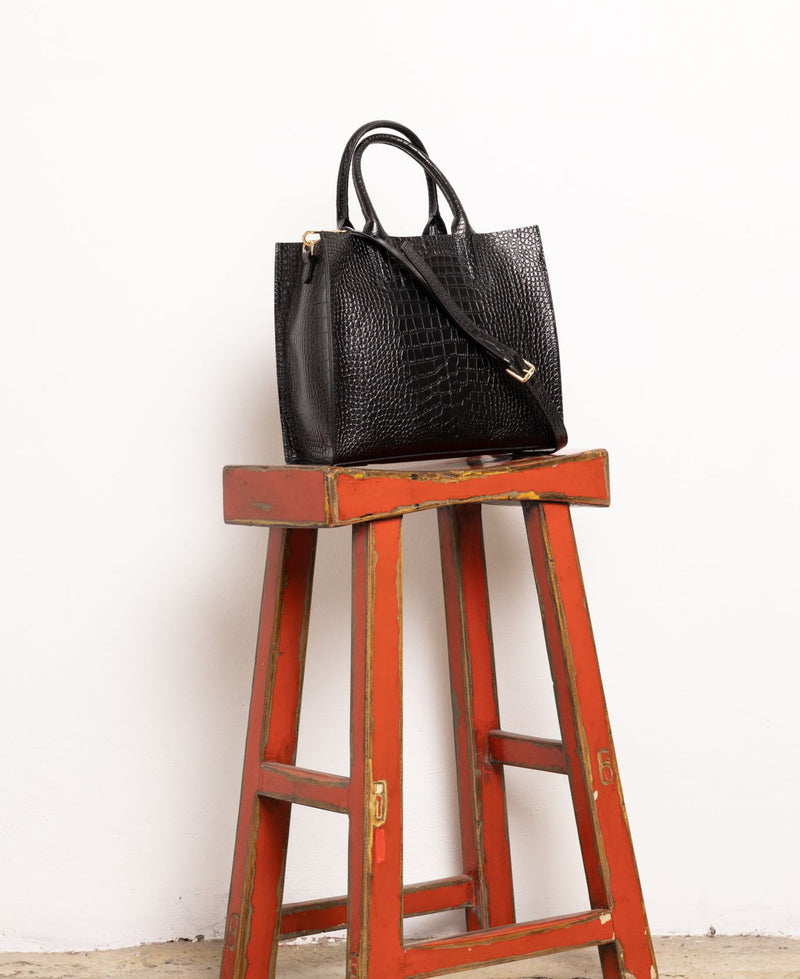 Florence Tote leather bag croco embossed black