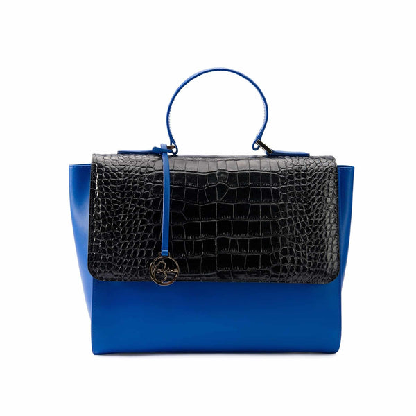 Besto V Purse Handbag Navy Blue Black Top Handle Gold Tone Hardware Zipper