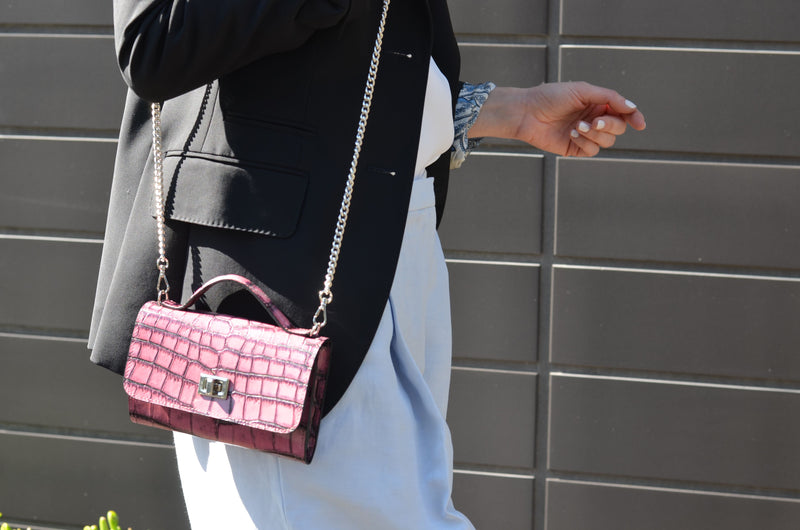 Leather purse crocodile embossed pink – Bidinis Bags