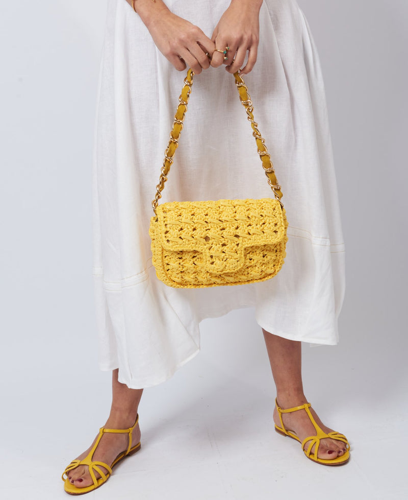 Lucrezia Raffia Crochet Shoulder Bag canary yellow