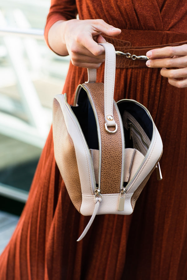 Camera leather bag bi-colour tan & nude
