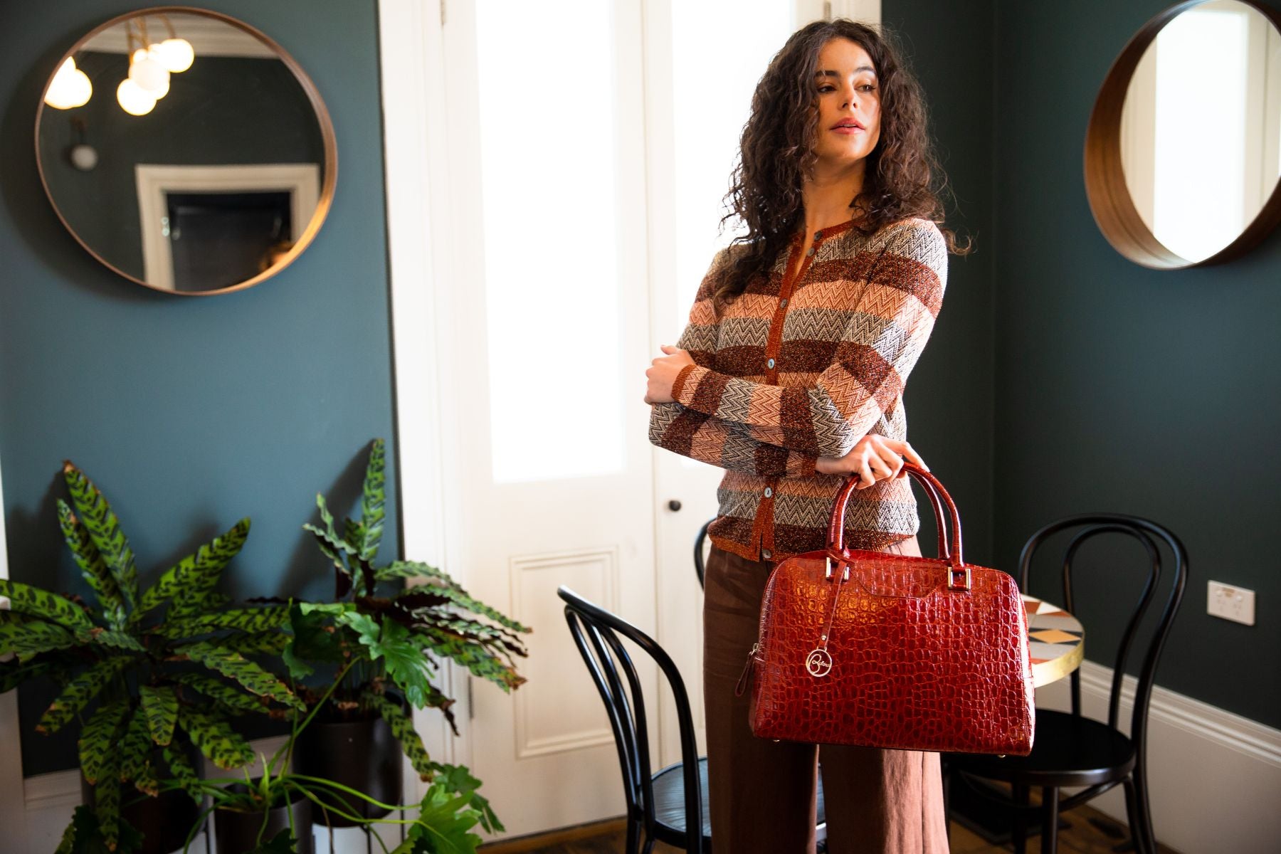 Briefcase leather croco embossed in burnt orange