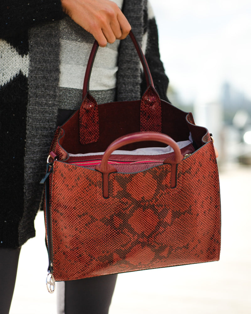 Florence Tote leather bag snake effect burgundy