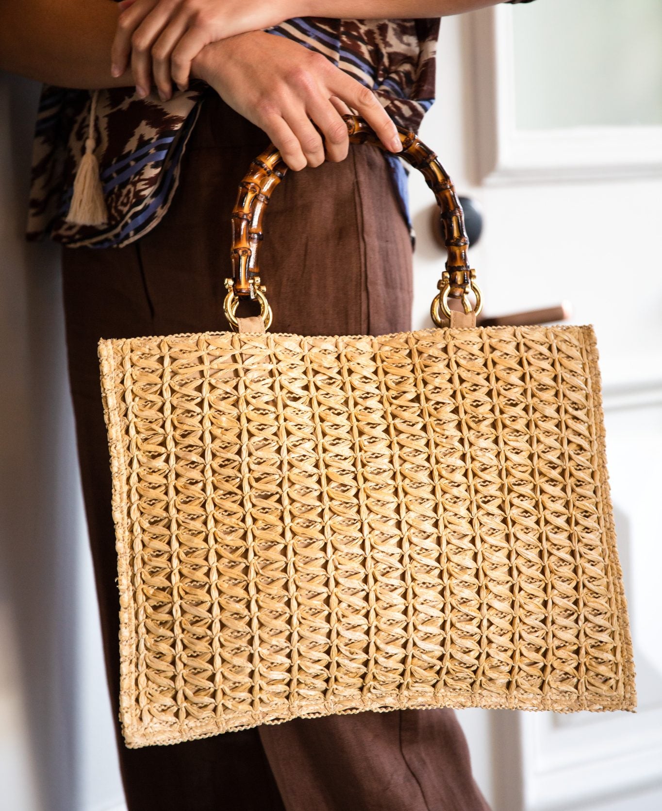 Piccarda Raffia Bamboo Tote Bag