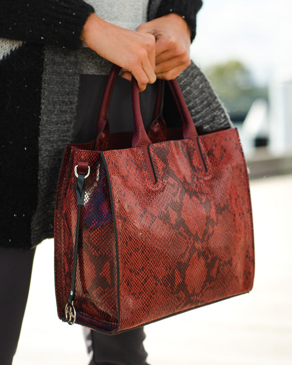 Florence Tote leather bag snake effect burgundy